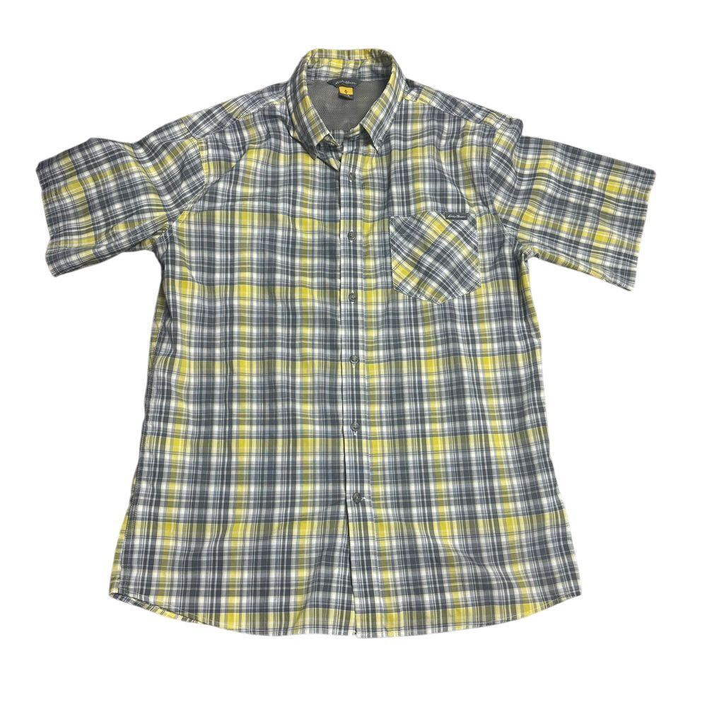 Eddie Bauer Men's Size Medium Gray Yellow Plaid Short Sleeve Button Down Shirt